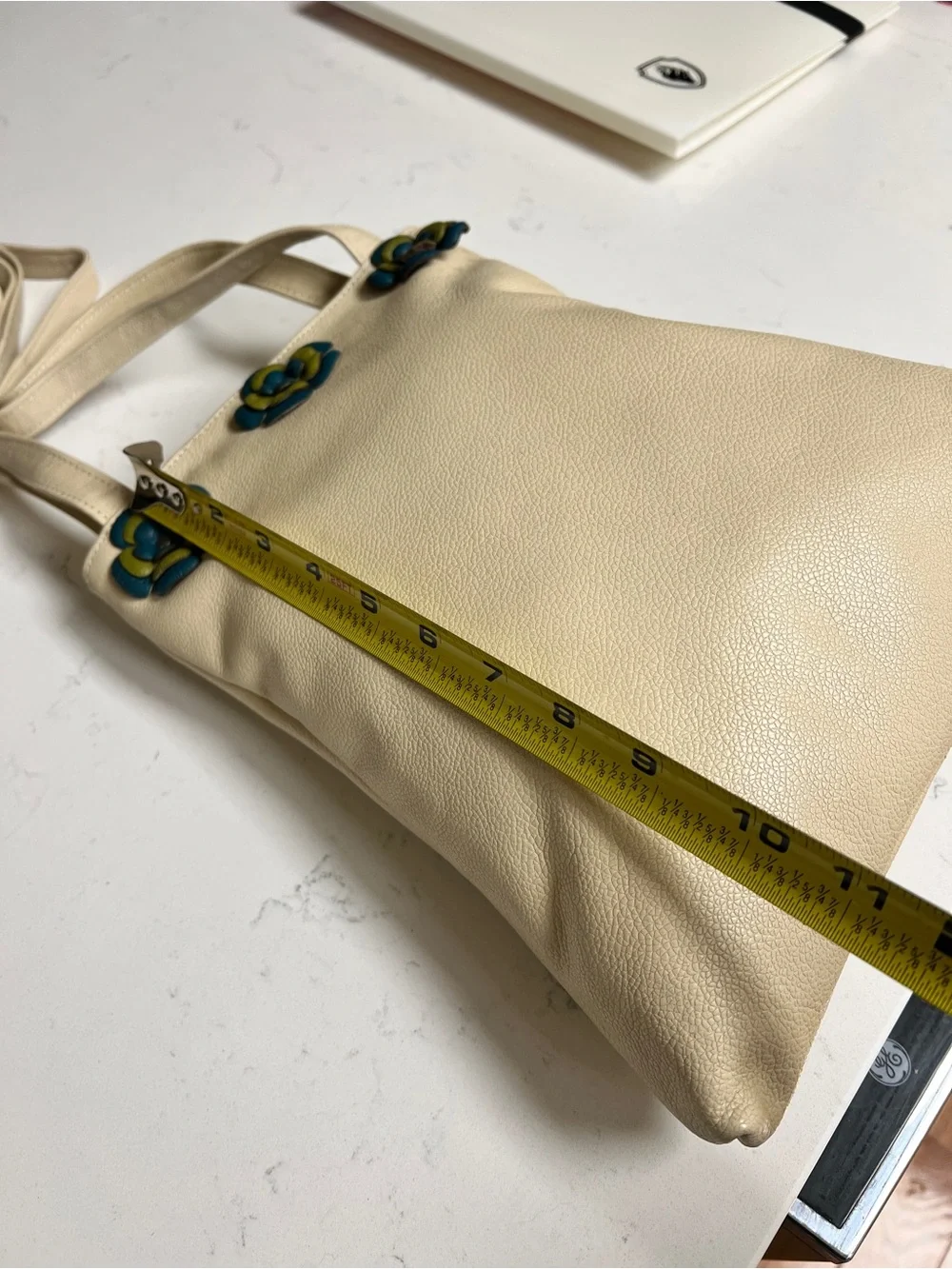 Beige Leather Tote with leather Blue Floral Appliqué